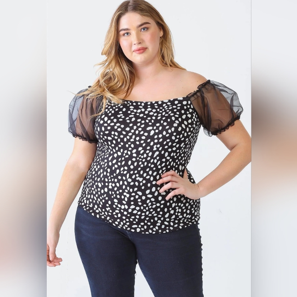 Blue Leopard Black Polka Dot Organza Puff Sleeve Top 1X-3X | Made In USA
